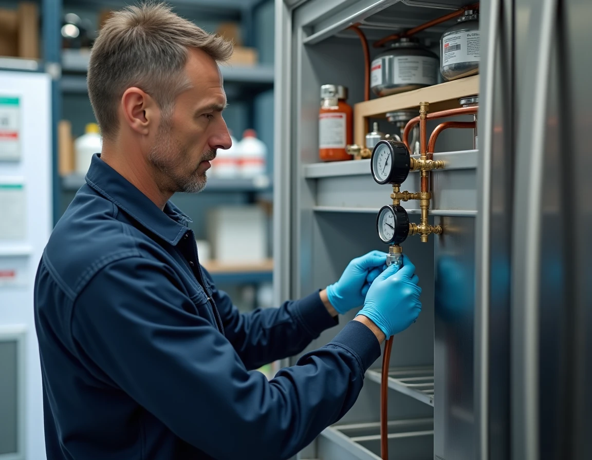 Technicien en réfrigération connectant un manomètre à un réfrigérateur moderne ouvert dans un atelier de réparation professionnel