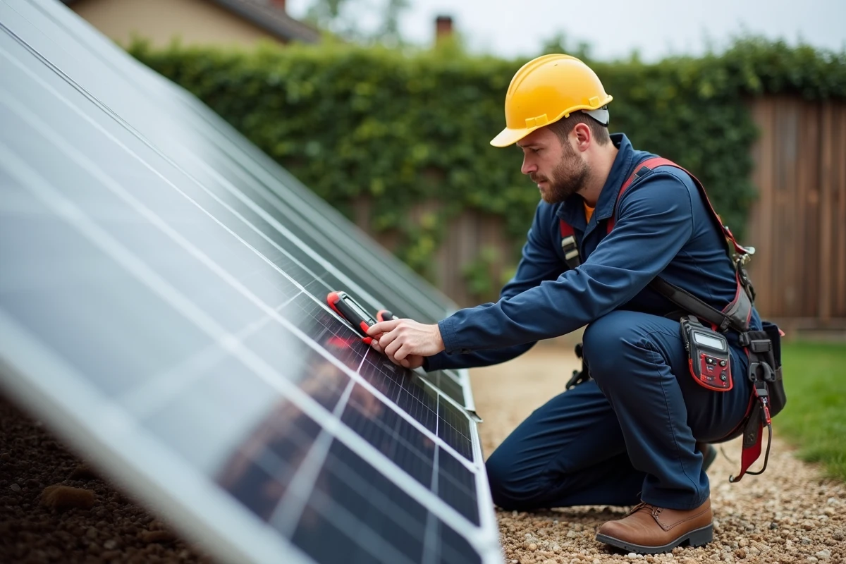Technicien installateur vérifiant le rendement d'une installation solaire au sol dans un jardin résidentiel
