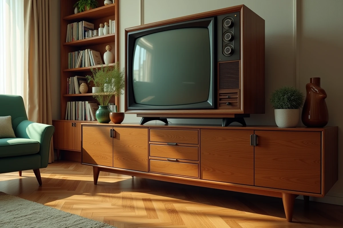 Téléviseur vintage des années 50 entièrement rénové avec écran moderne intégré, exposé sur un buffet en bois dans un salon rétro