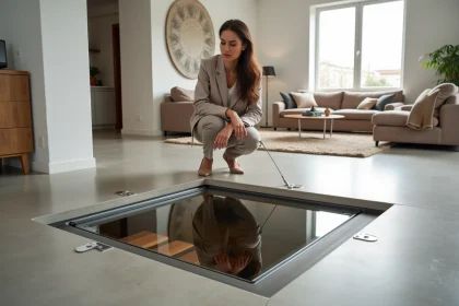 Trappe en verre design intégrée dans un sol en béton ciré dans un salon contemporain avec escalier cave visible