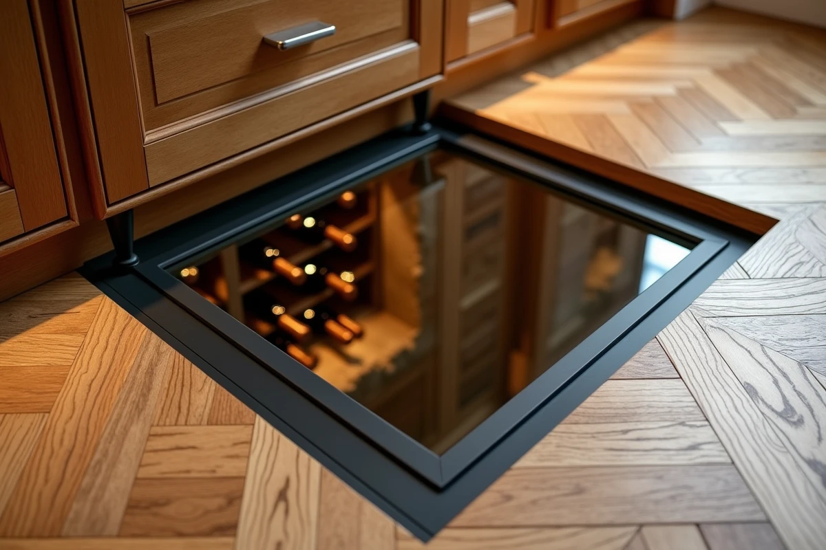 Détail d'une trappe en verre encastrée dans un parquet en chêne chevron dans une cuisine haut de gamme donnant accès à une cave à vin