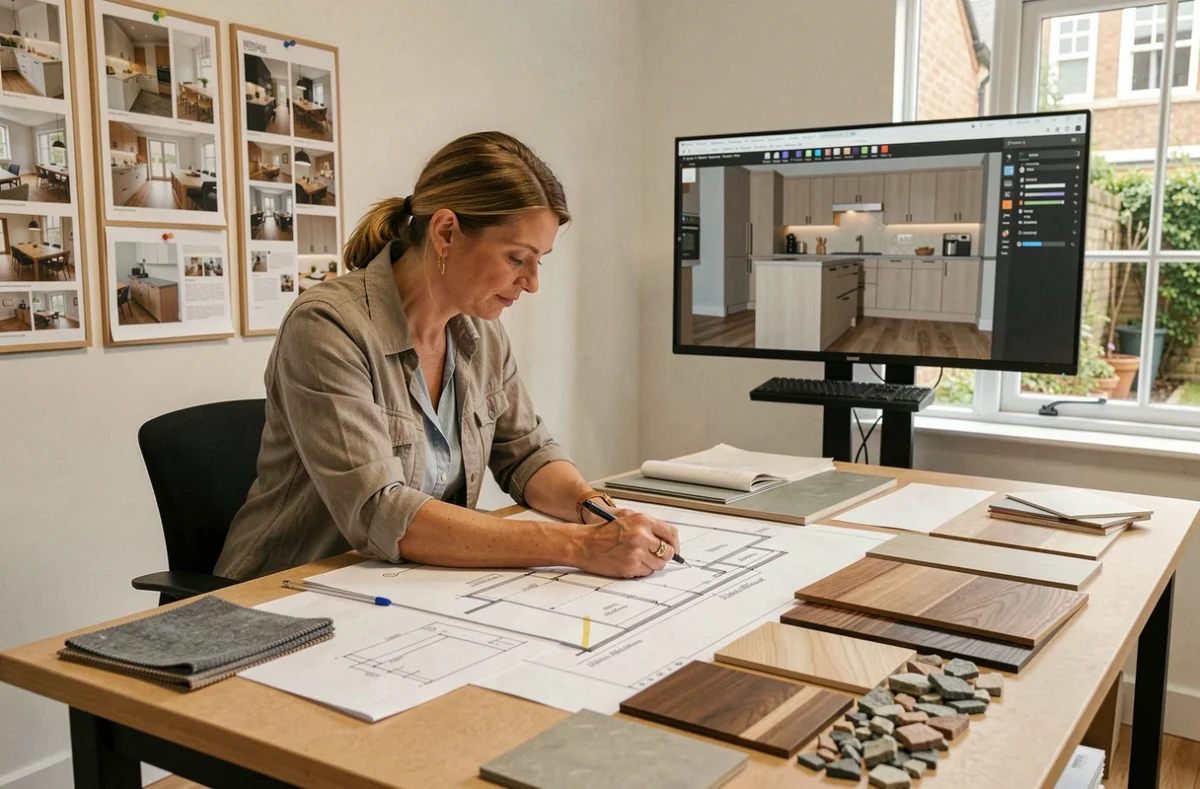 Designer de cuisines sur mesure Anne Trudelle étudiant des plans et des échantillons matériaux dans son studio