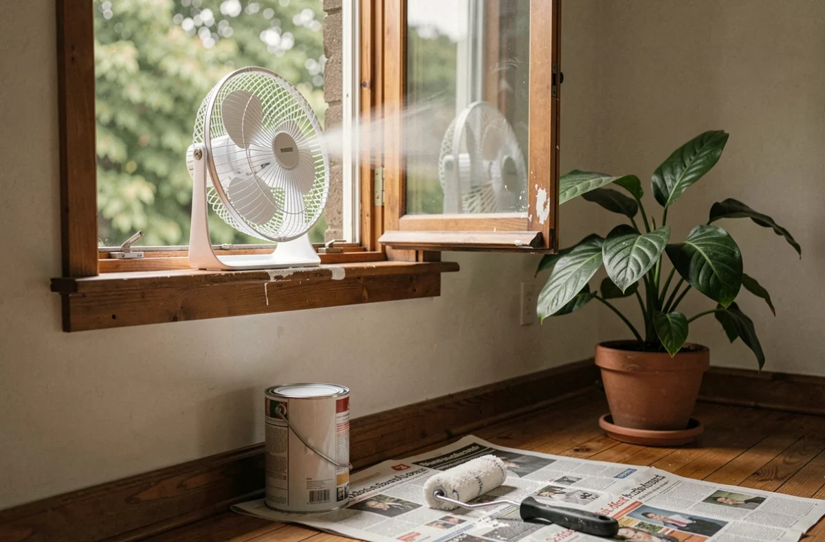 Ventilation naturelle avec fenêtre ouverte et ventilateur pour éliminer les odeurs de peinture dans une chambre