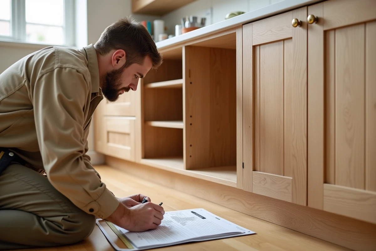 Menuisier mesurant la niche d'un meuble de cuisine pour vérifier la compatibilité avec le poids et les dimensions d'un frigo encastrable