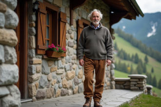 Homme âgé devant une maison alpine traditionnelle