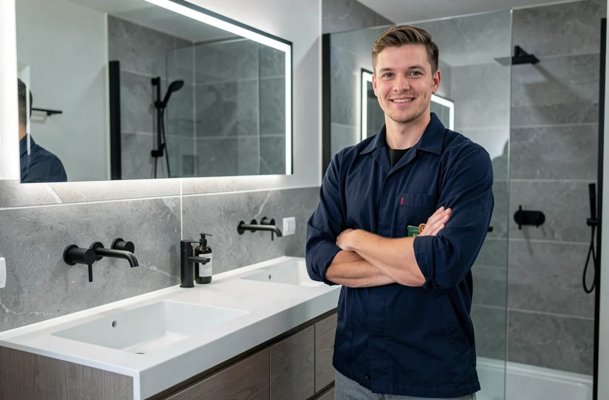 William I., installateur indépendant, présentant une salle de bain contemporaine avec double vasque et douche à l'italienne dans le Gard
